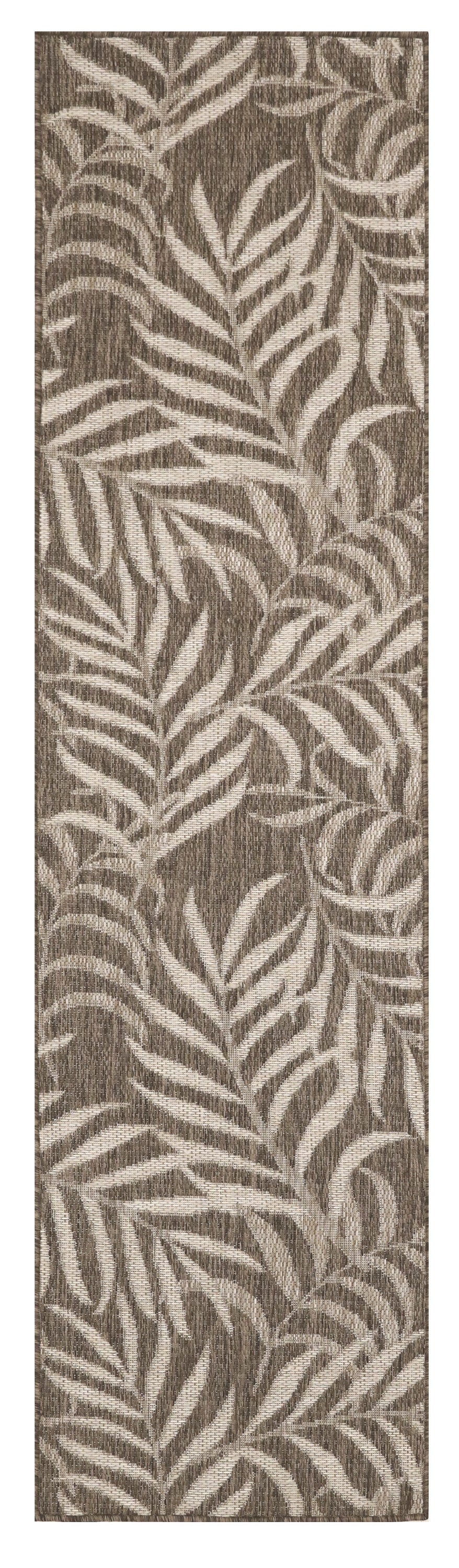 Beige fern leaf pattern on dark brown; hallway rug runner.