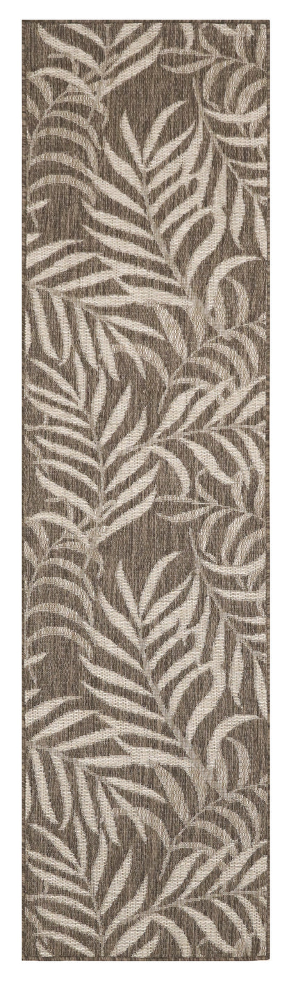 Beige fern leaf pattern on dark brown; hallway rug runner.