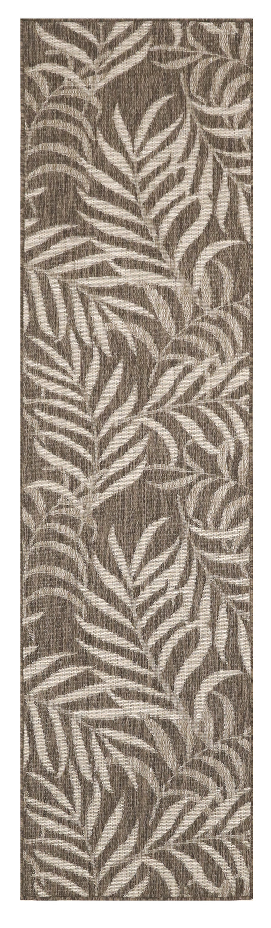 Beige fern leaf pattern on dark brown; hallway rug runner.