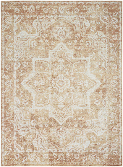 Beige vintage-style oriental rug with central medallion and floral border in warm ivory and tan tones.