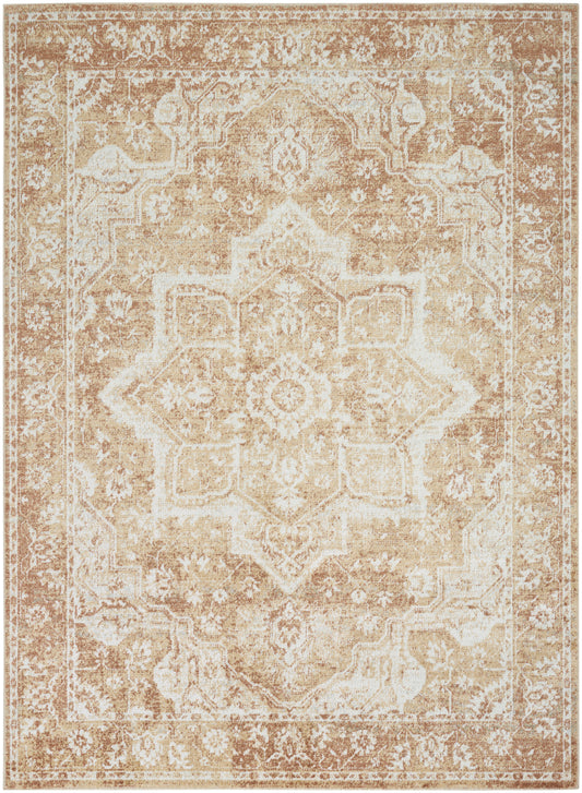 Beige vintage-style oriental rug with central medallion and floral border in warm ivory and tan tones.