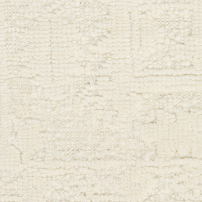 Cream textured rug with a subtle geometric block pattern; plush loop-pile for cozy, neutral decor.