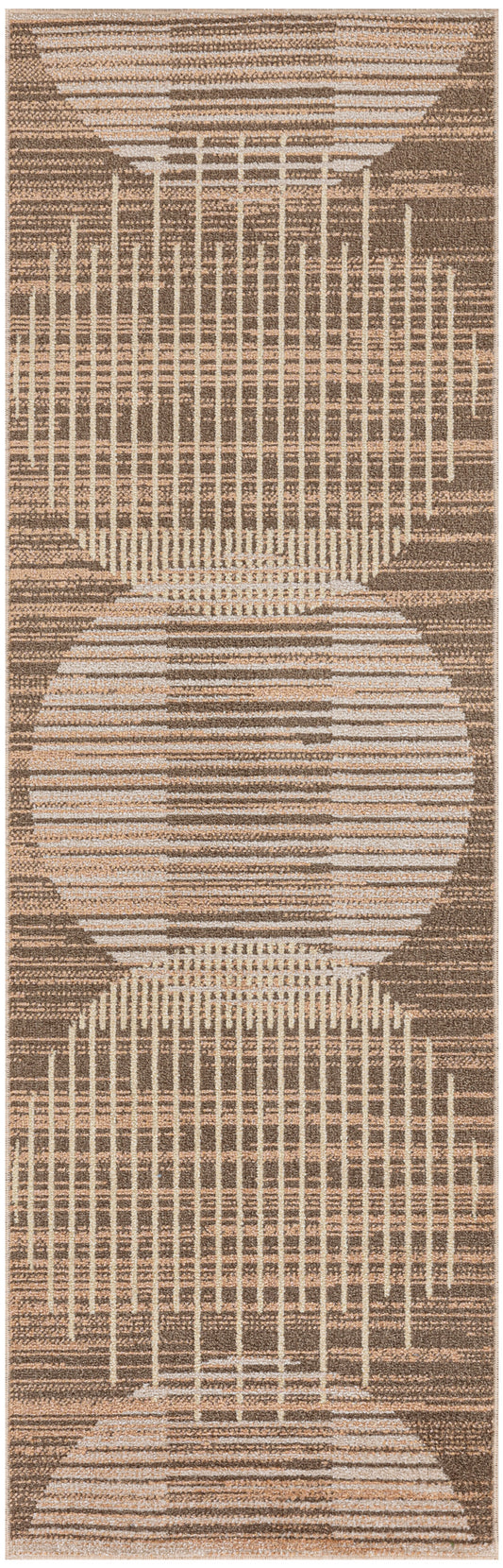 Rectangular woven runner rug in brown & cream with large overlapping circles & striped detailing.