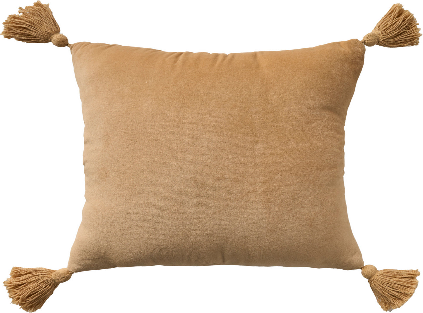 Beige velvet rectangular pillow with tassels at each corner, cozy decorative cushion.