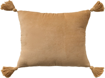 Beige velvet rectangular pillow with tassels at each corner, cozy decorative cushion.