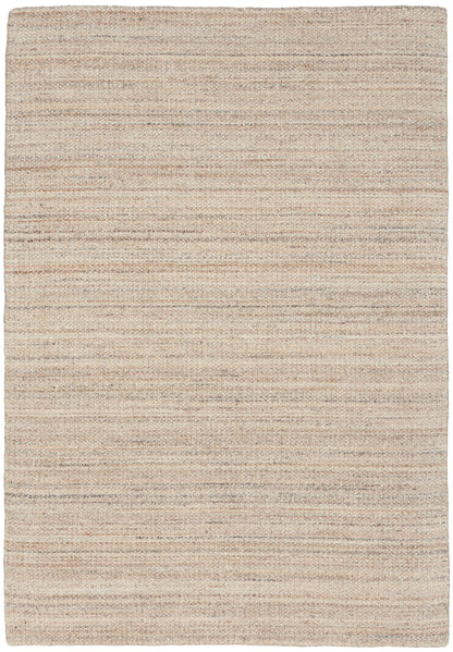 Beige flat-weave rug with subtle tan stripes and natural fiber texture; rectangular and versatile for living room or hallway.