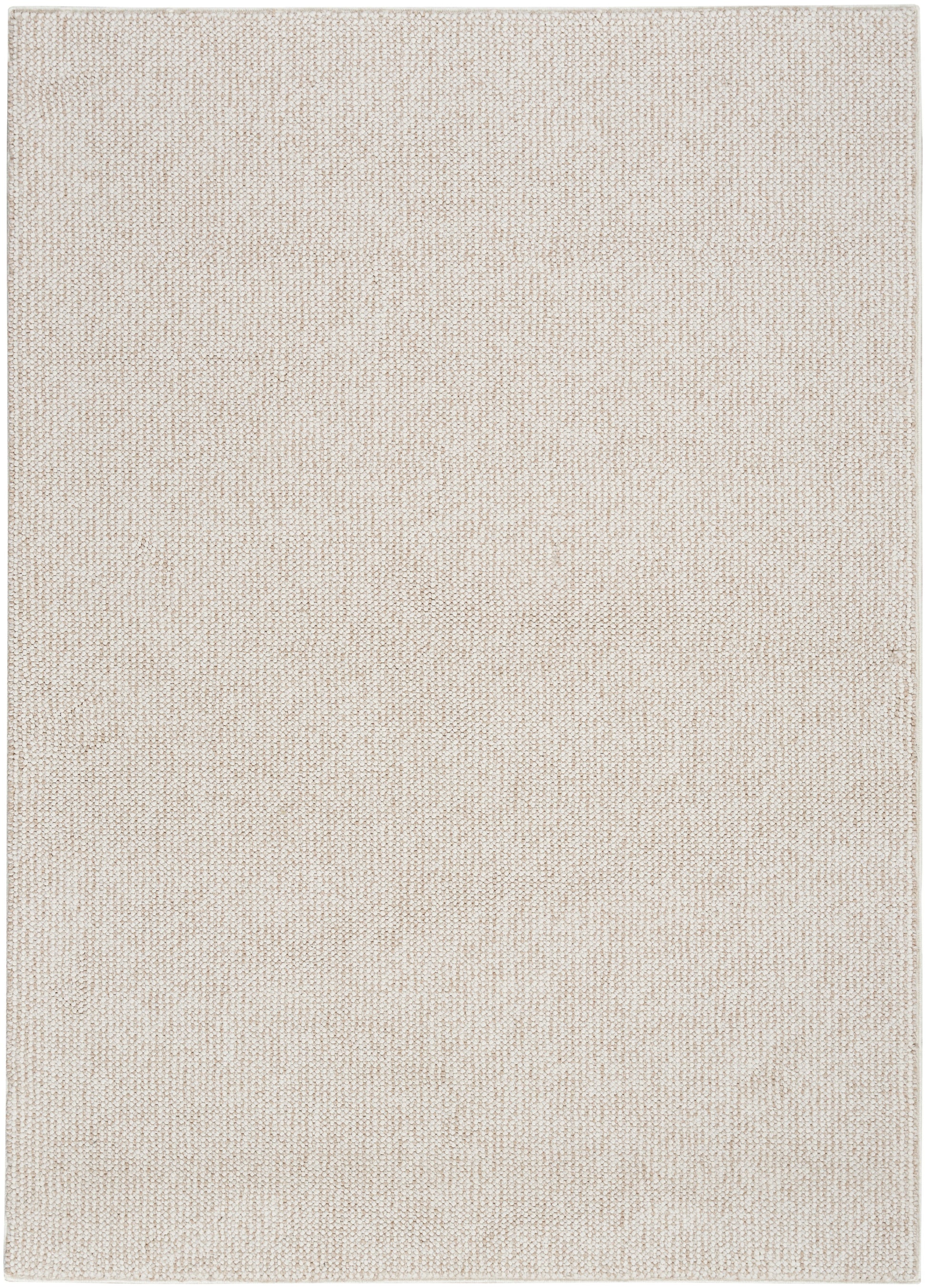 Beige woven rug with a soft, textured surface; rectangular and neutral.