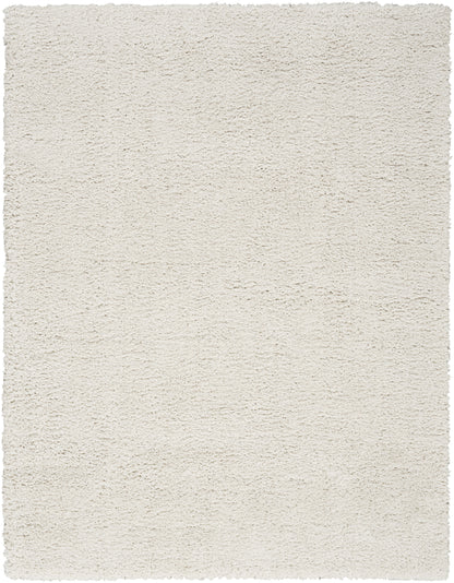 Cream-colored plush shag rug with a soft, high-pile texture; rectangular floor rug for living spaces.