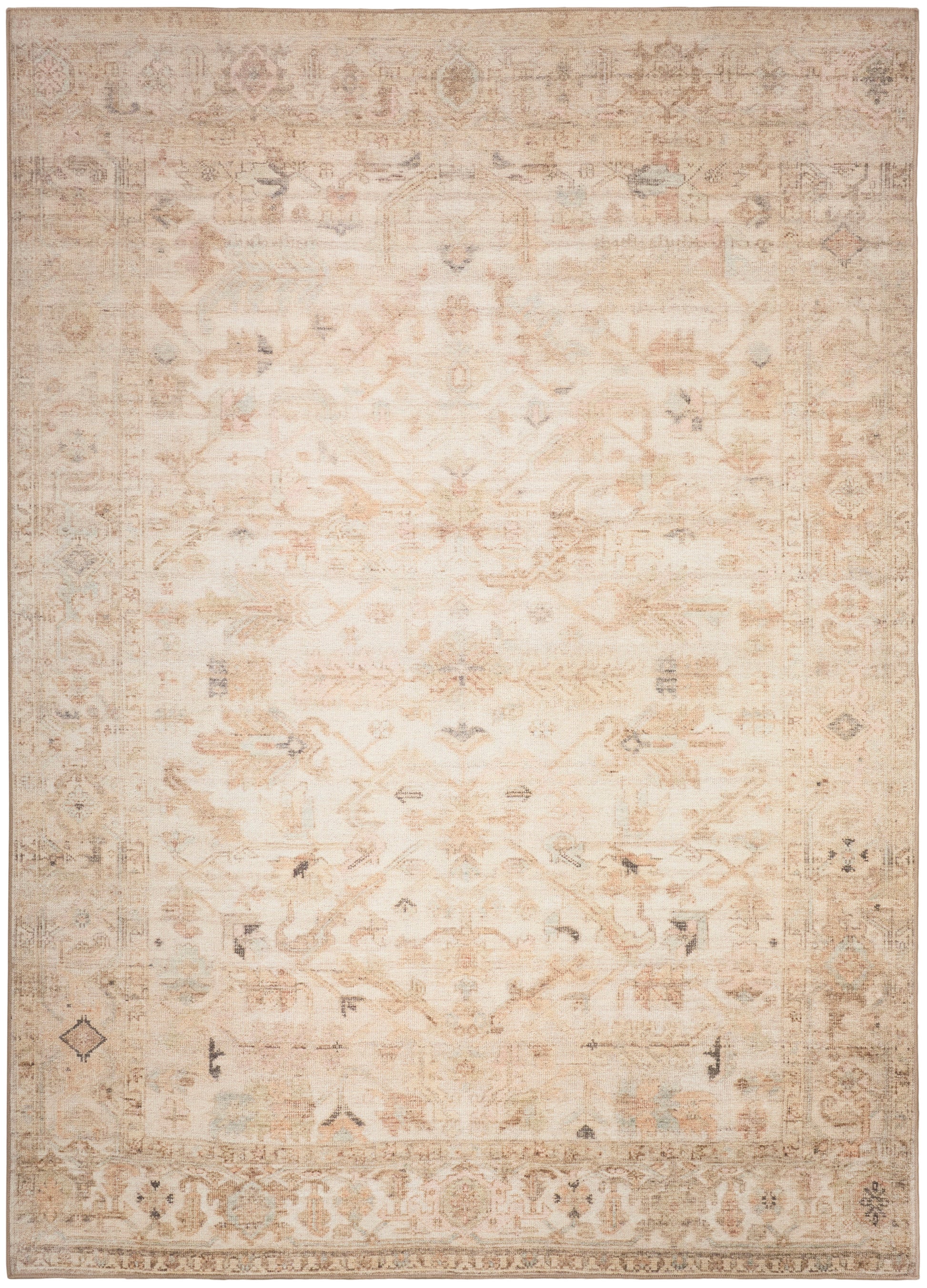 Neutral beige distressed oriental-style area rug with faded central medallion & warm taupe border.