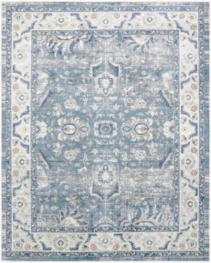 Nourison Astra Denim 8x10 machine-washable area rug with distressed Persian pattern in denim, grey and ivory — low pile and easy care for everyday home use.