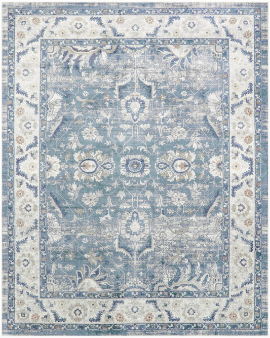 Nourison Astra Denim 8x10 machine-washable area rug with distressed Persian pattern in denim, grey and ivory — low pile and easy care for everyday home use.