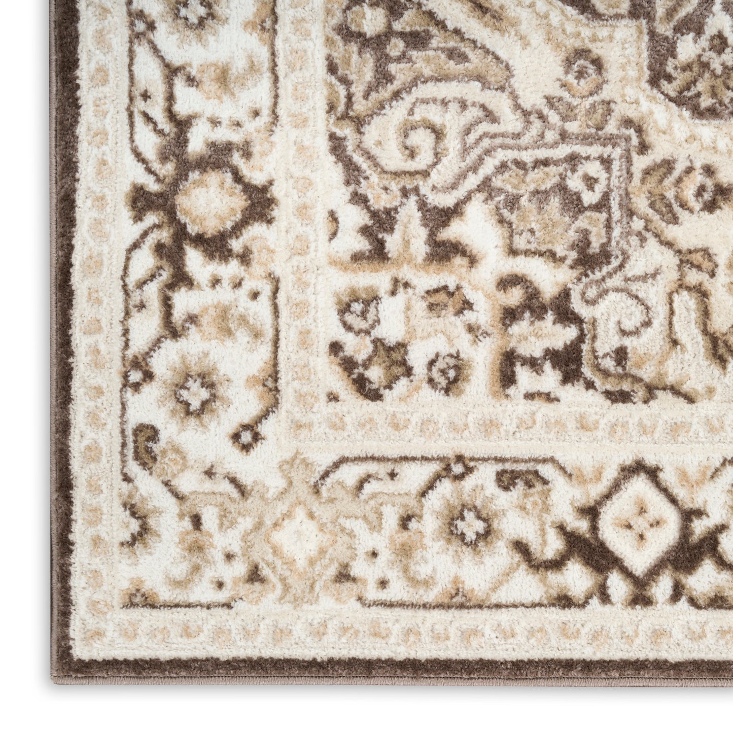Cream-ivory Persian-style area rug with taupe and chocolate-brown floral border; rectangular plush pile.
