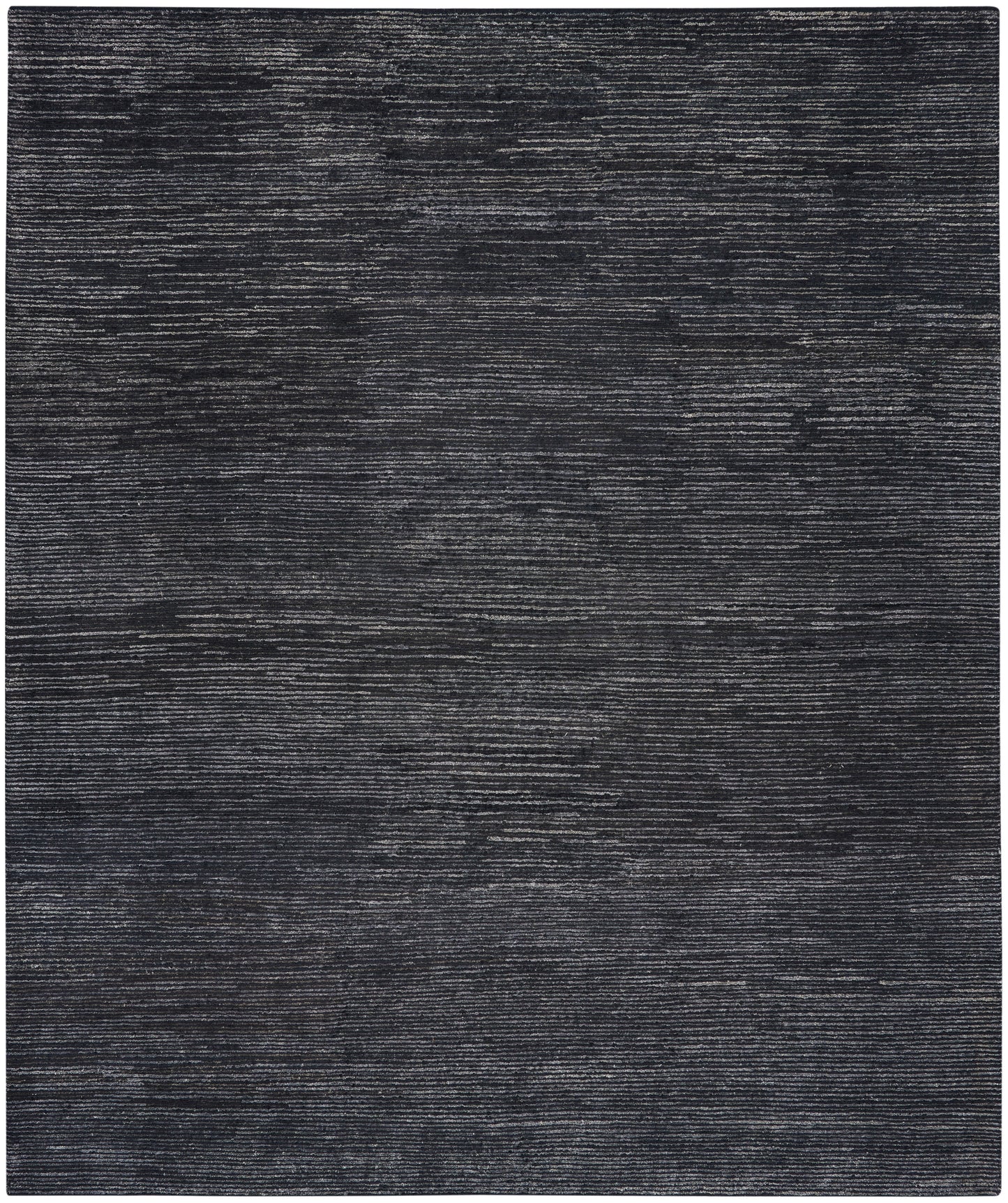 Dark charcoal rectangular rug with subtle horizontal brushed stripes and a soft, textured surface.