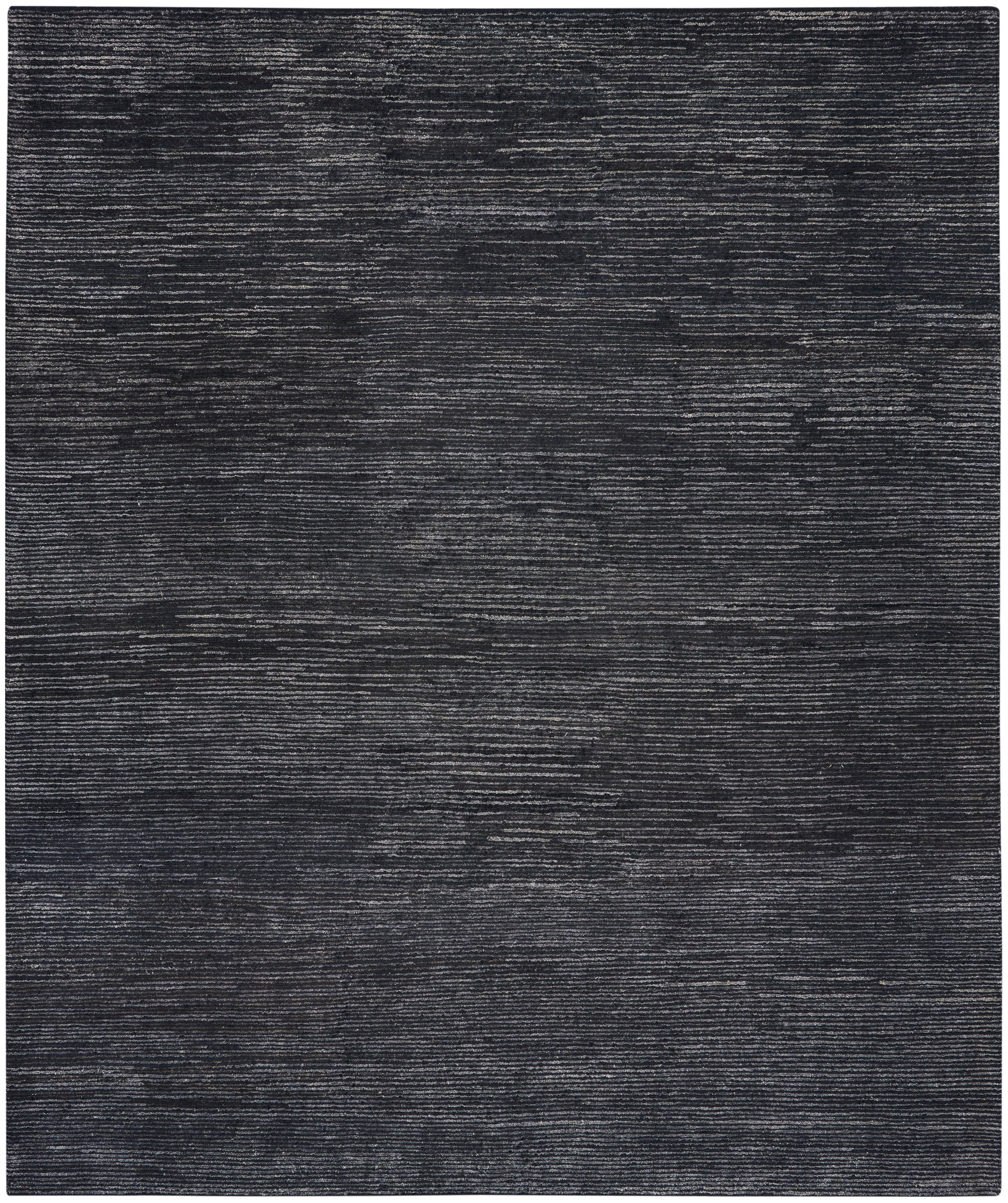 Dark charcoal rectangular rug with subtle horizontal brushed stripes and a soft, textured surface.