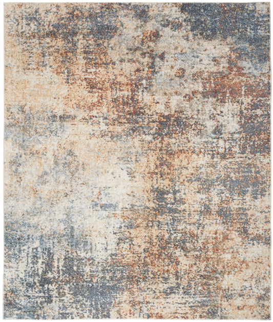 Rectangular area rug with abstract distressed pattern in beige, cream, blue & rust tones; modern, versatile floor decor.