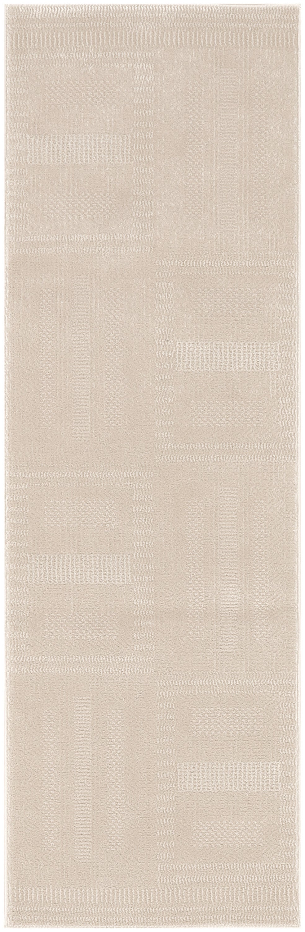 Beige textured patchwork rug runner with geometric block patterns and soft woven surface.