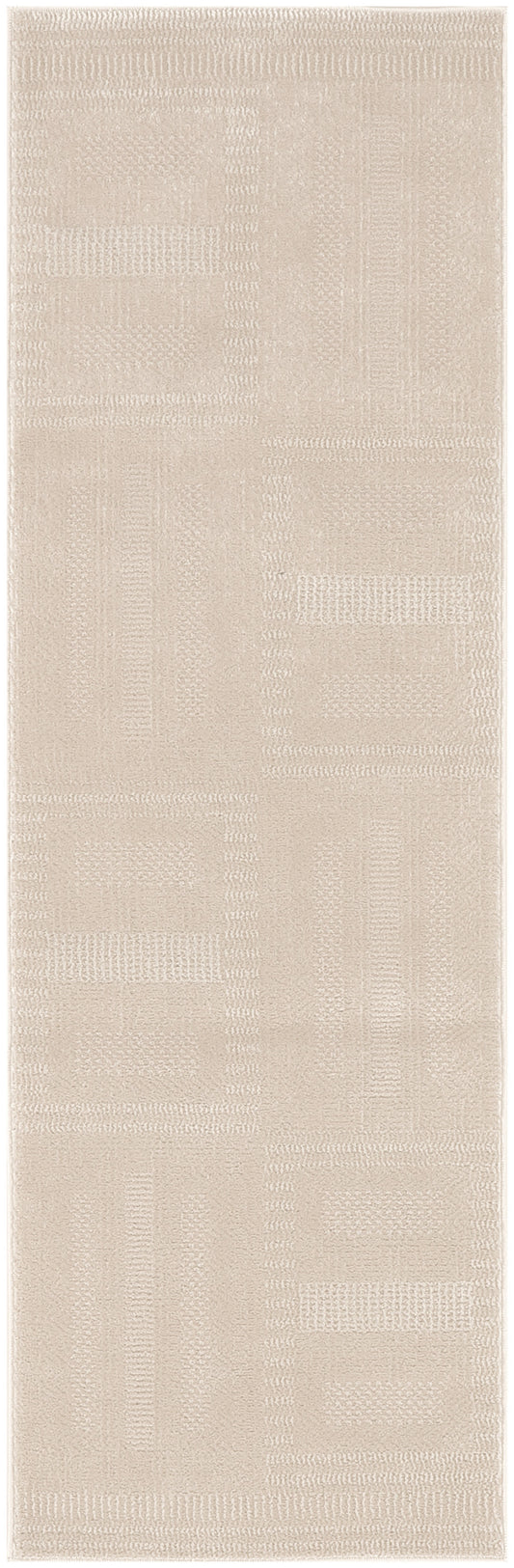 Beige textured patchwork rug runner with geometric block patterns and soft woven surface.