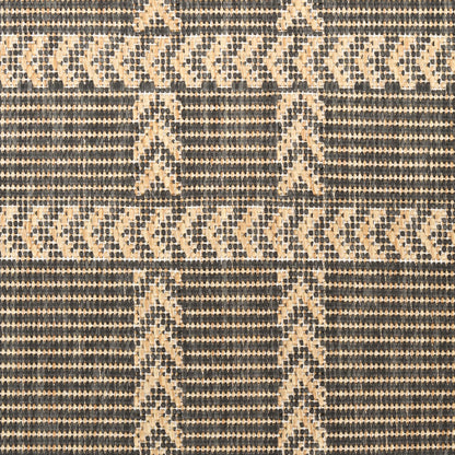 Beige & dark gray woven rug with chevron zigzag bands & vertical ladder motifs; rustic geometric textile.