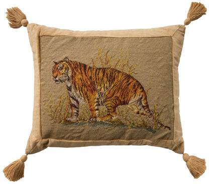 Rectangular tapestry throw pillow with tiger embroidery on tan fabric, framed by beige border and tassels at each corner.