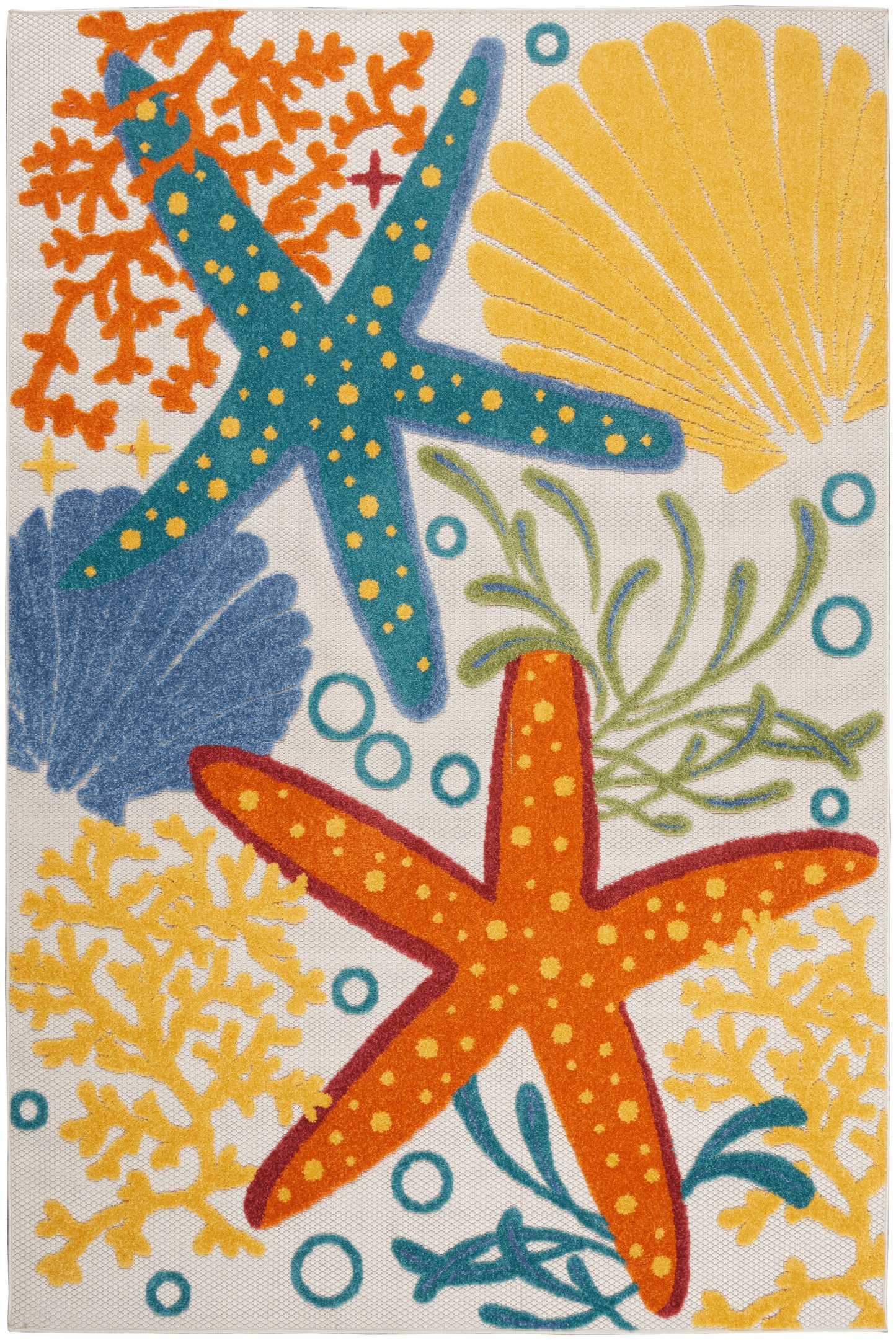 Bright beachy towel featuring orange and teal starfish, yellow shell, coral, seaweed and bubbles in vivid coastal colors.