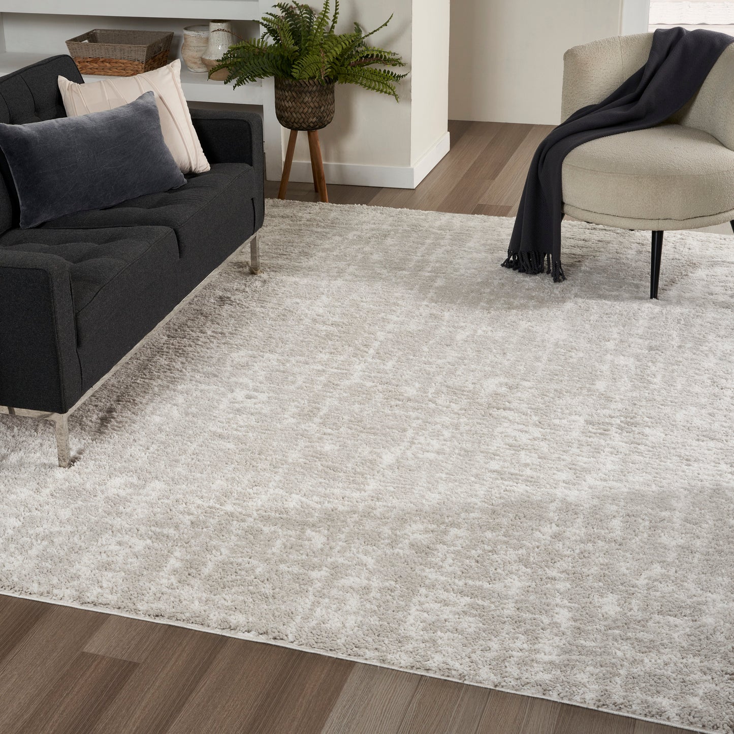 Light gray patterned area rug in a modern living room with a dark gray sofa, beige chair, and a fern plant.