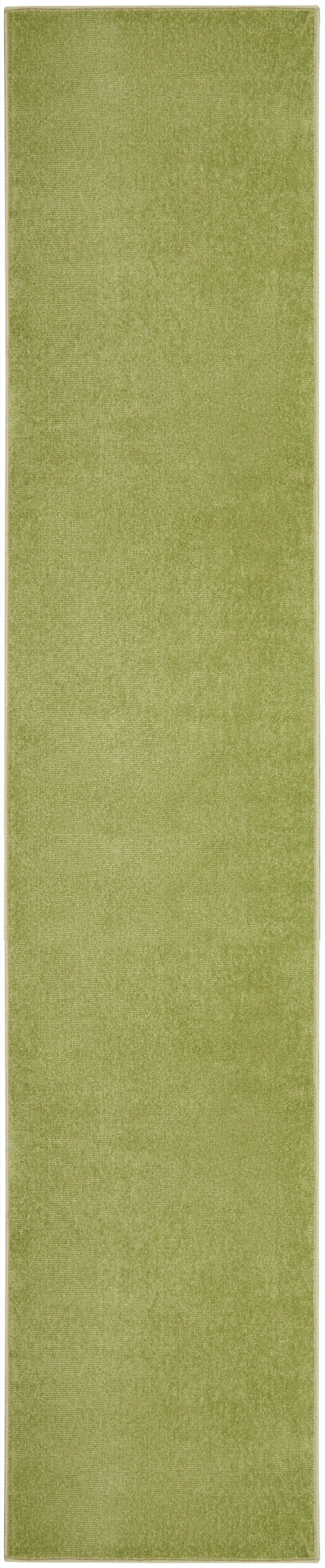 Olive green outdoor runner rug with beige border, long rectangular.
