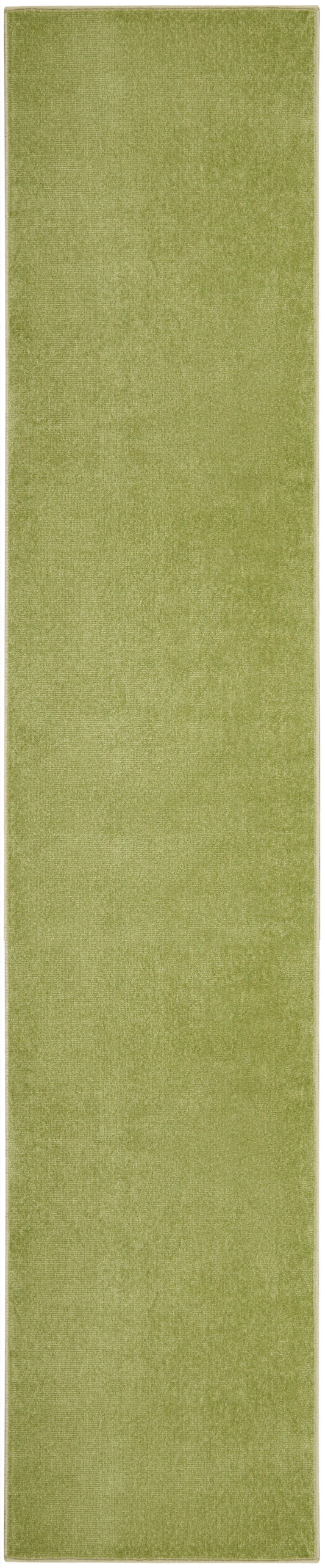 Olive green outdoor runner rug with beige border, long rectangular.