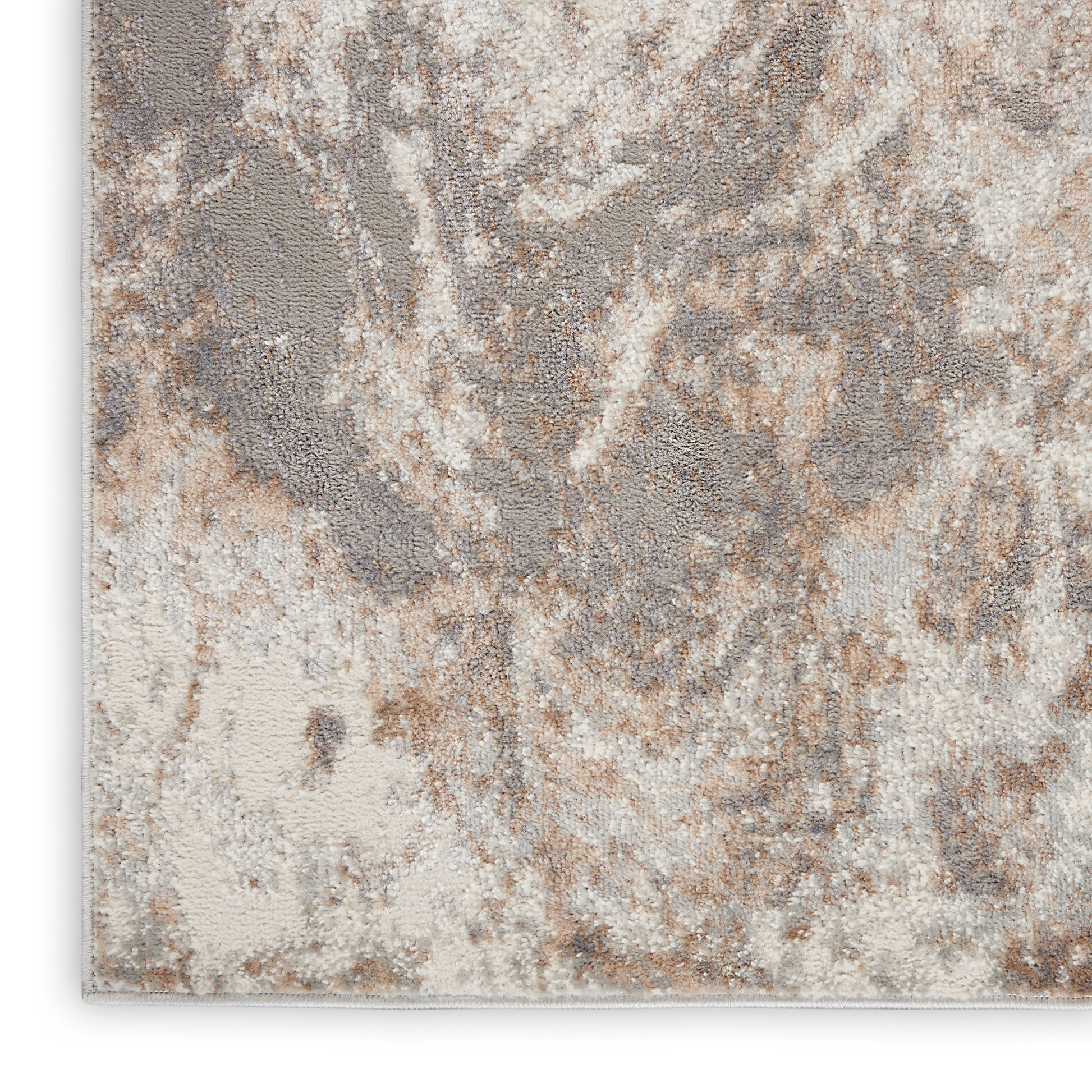 Abstract beige & taupe rug with cream and gray mottled pattern, soft textured pile, modern style.