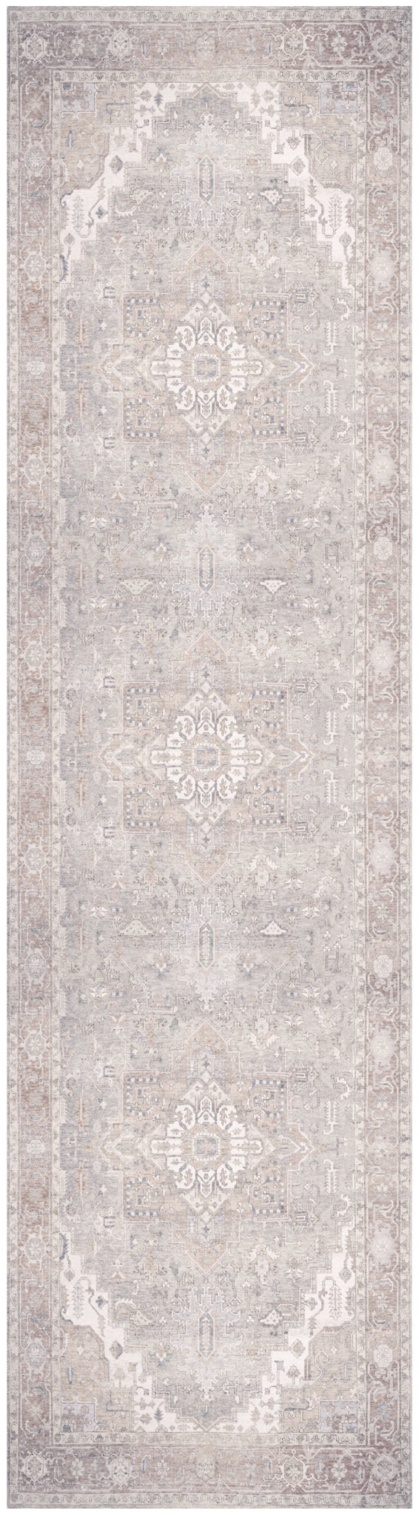 Distressed light gray elongated runner rug with repeating ivory medallions and subtle border.