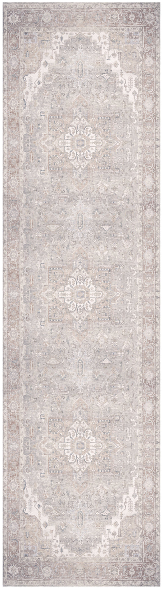 Distressed light gray elongated runner rug with repeating ivory medallions and subtle border.