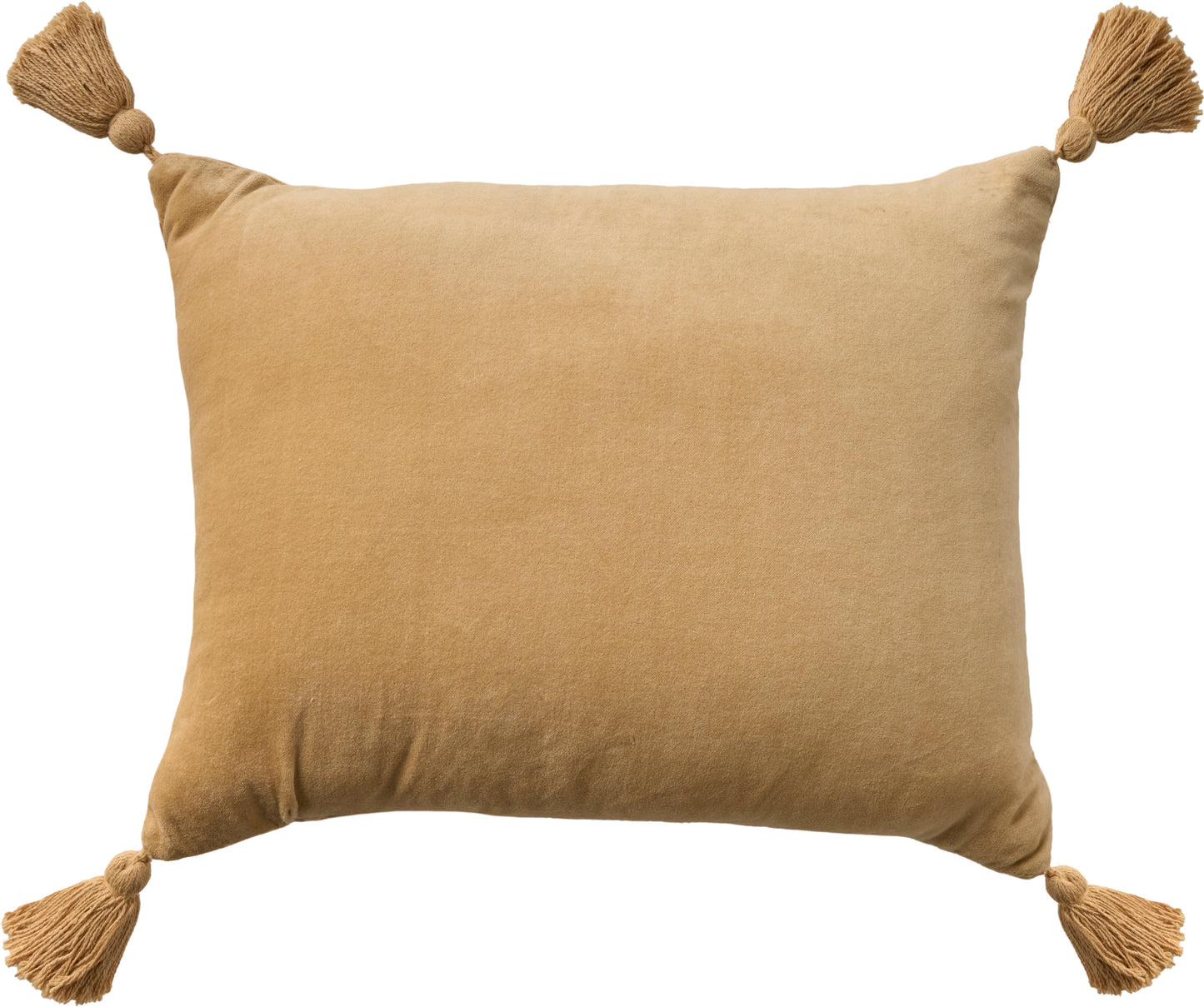 Camel-beige rectangular throw pillow with tassels on all four corners.
