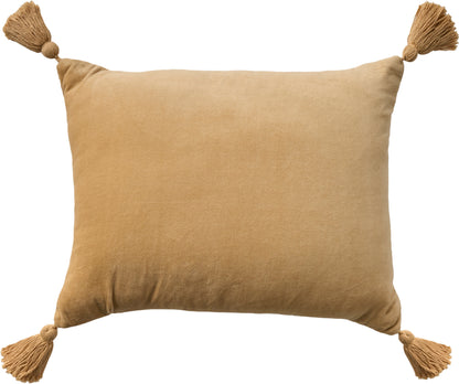 Camel-beige rectangular throw pillow with tassels on all four corners.