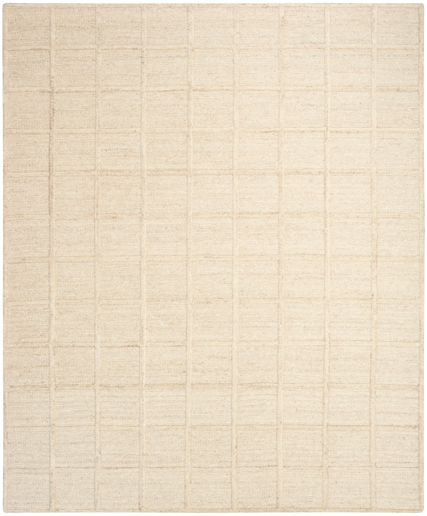 Beige flat-weave rug with a subtle square grid texture; light cream tones for minimalist floor decor.