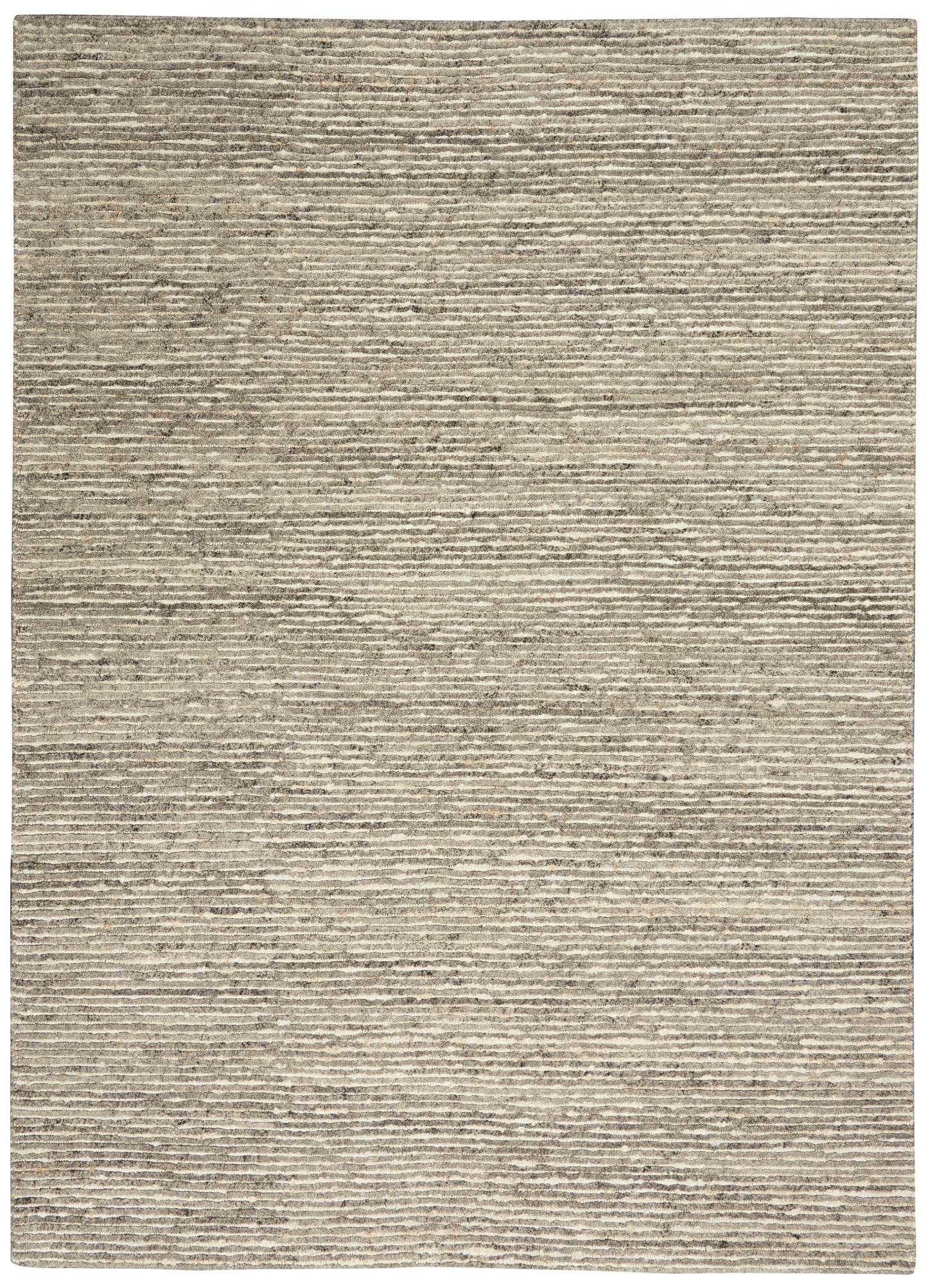 Beige flat-weave rug with subtle horizontal stripes; neutral taupe-gray tones for modern living spaces.