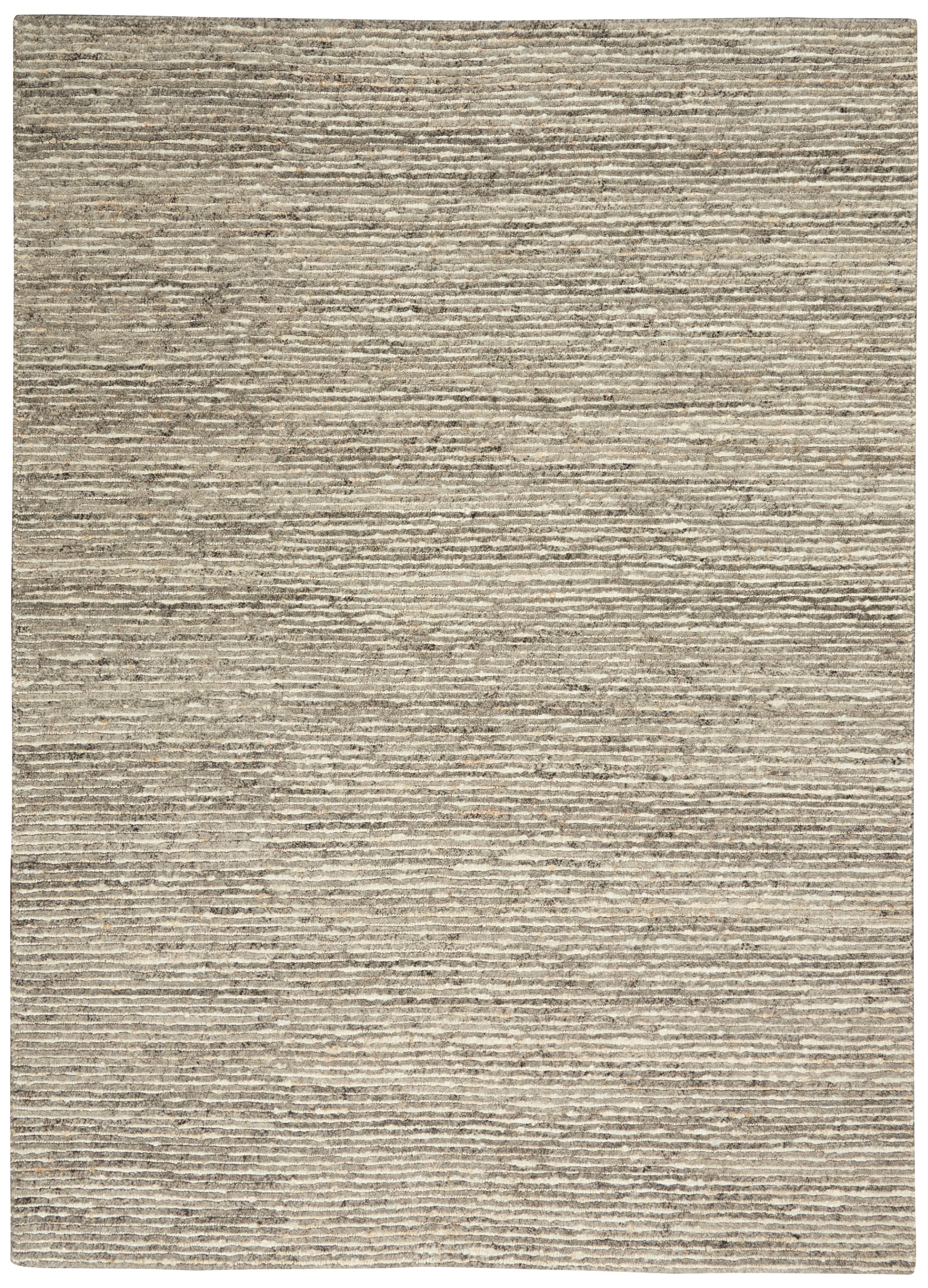 Beige flat-weave rug with subtle horizontal stripes; neutral taupe-gray tones for modern living spaces.