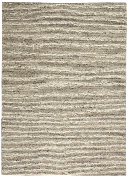 Beige flat-weave rug with subtle horizontal stripes; neutral taupe-gray tones for modern living spaces.