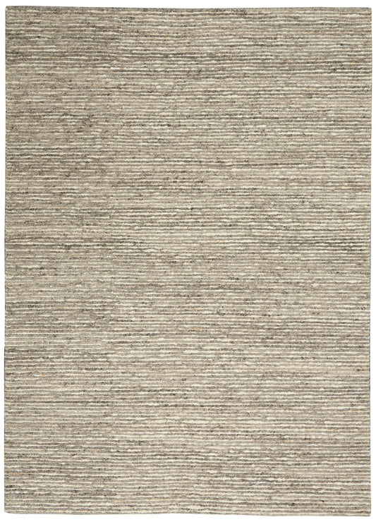 Beige flat-weave rug with subtle horizontal stripes; neutral taupe-gray tones for modern living spaces.