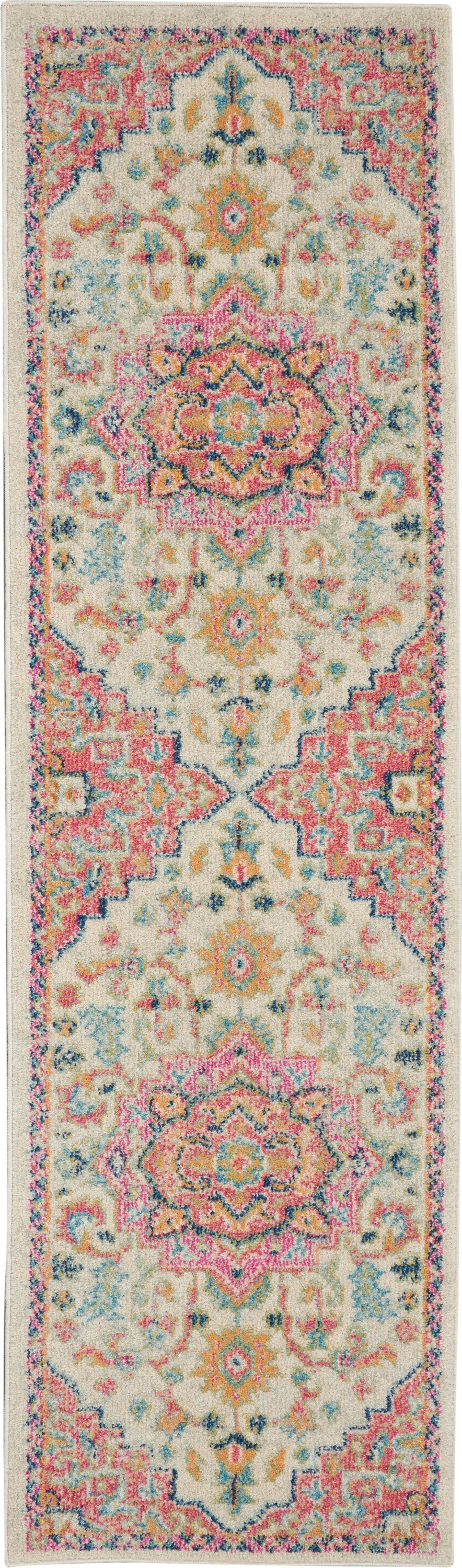 Persian-inspired runner rug with cream base, vibrant pink, teal, & yellow medallions and ornate border; plush, decorative.