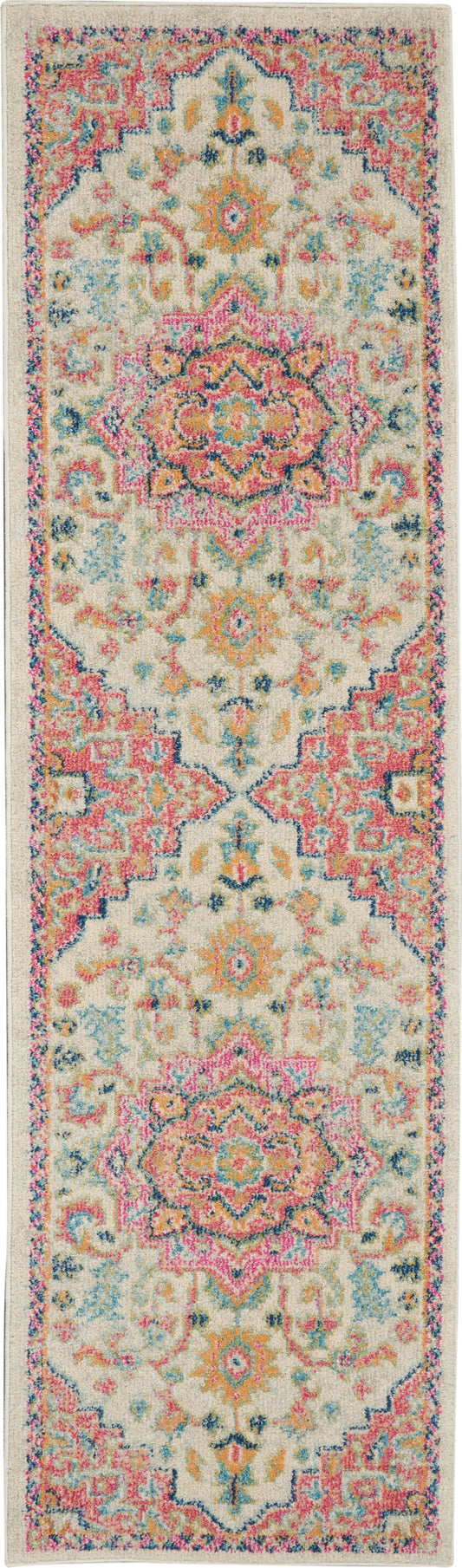Persian-inspired runner rug with cream base, vibrant pink, teal, & yellow medallions and ornate border; plush, decorative.