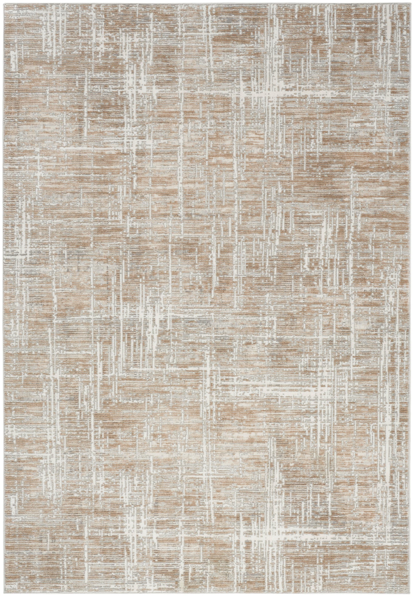Beige abstract area rug with white linear grid pattern and a softly textured surface.