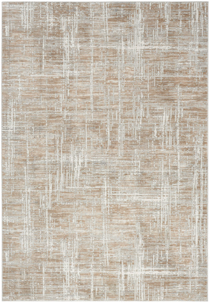 Beige abstract area rug with white linear grid pattern and a softly textured surface.