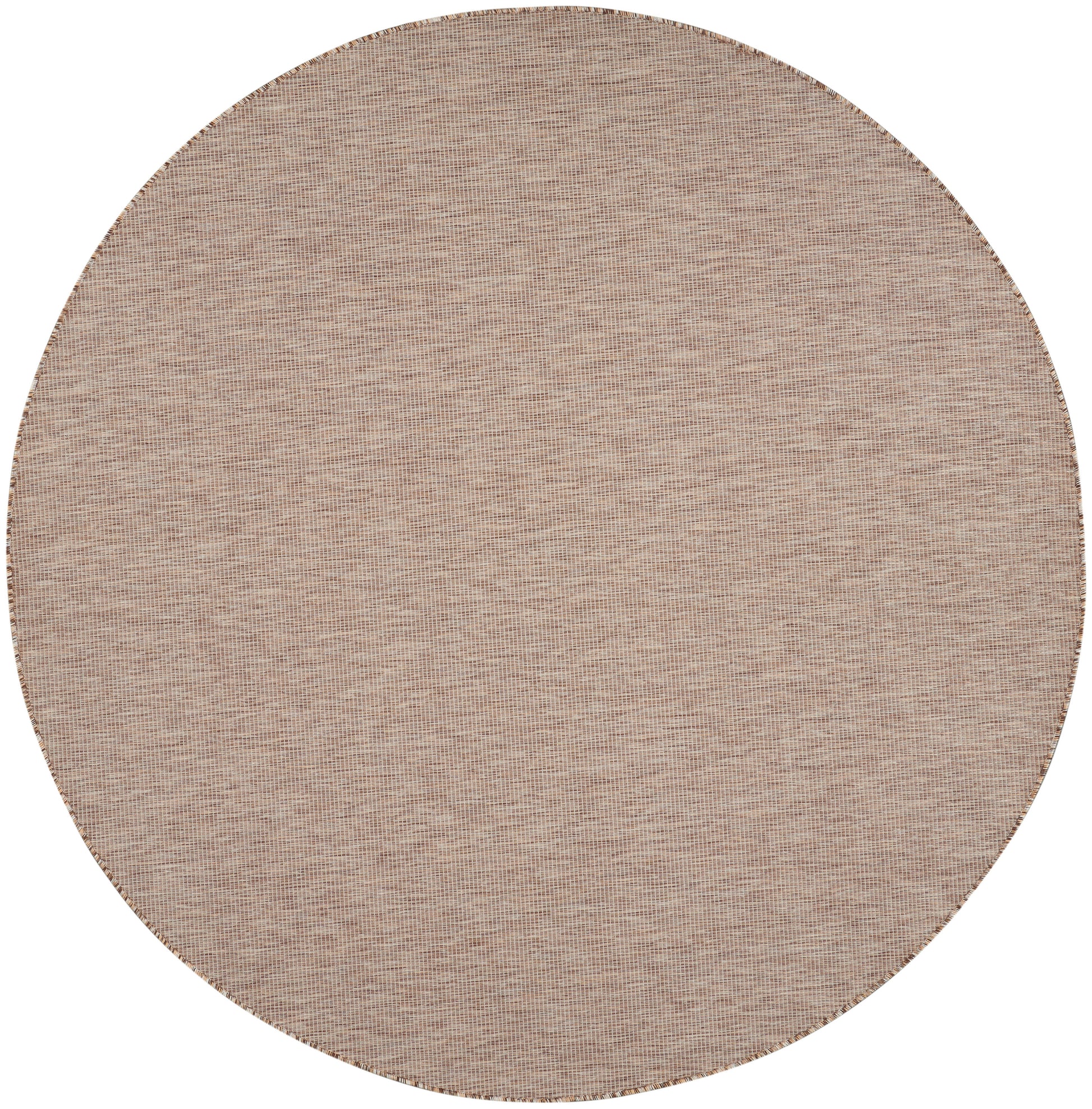 Round beige woven rug with natural fiber texture, ideal for living room or entryway.