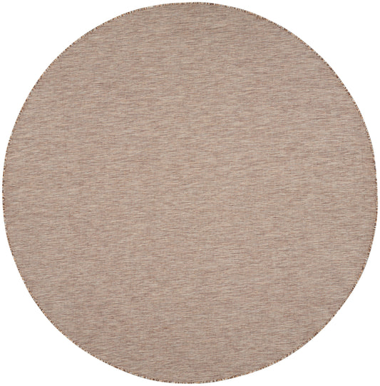 Round beige woven rug with natural fiber texture, ideal for living room or entryway.