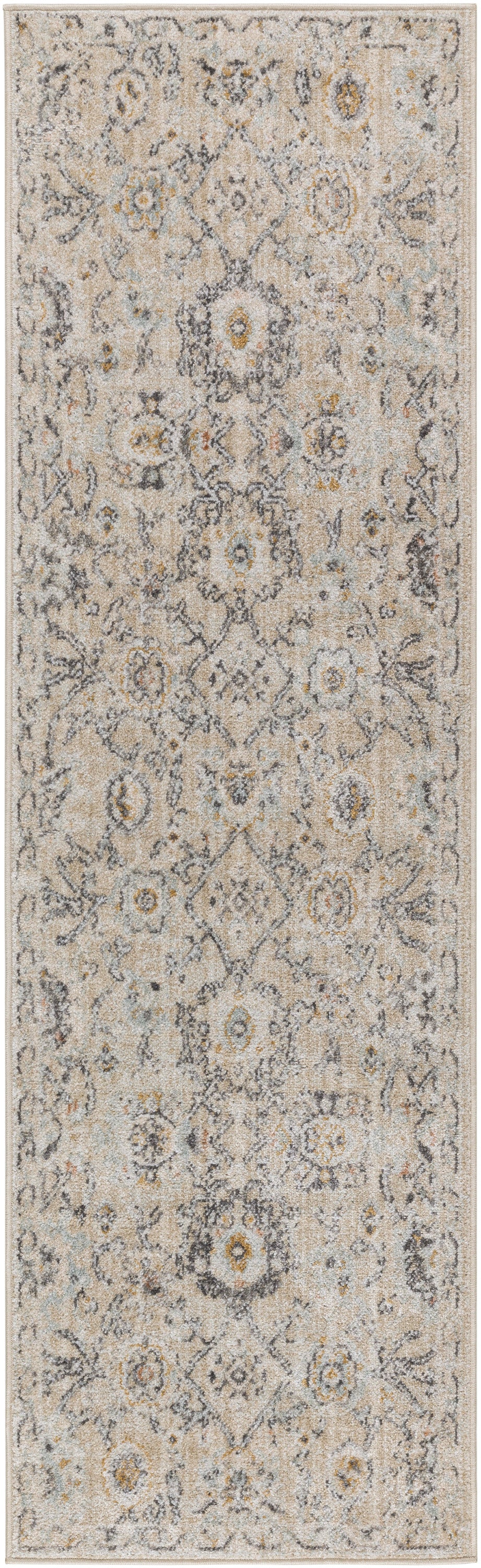 Beige Persian-style runner rug with muted gray-blue and yellow floral medallions; low-pile decorative rug.