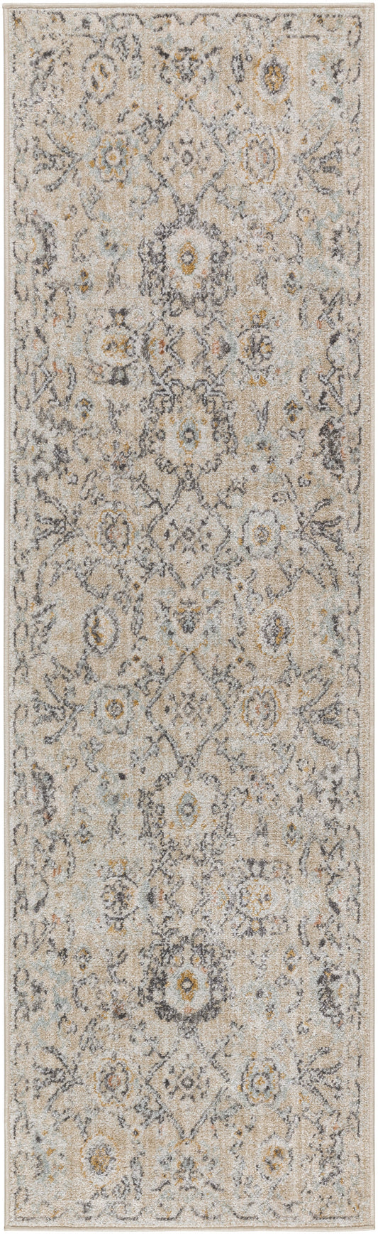 Beige Persian-style runner rug with muted gray-blue and yellow floral medallions; low-pile decorative rug.