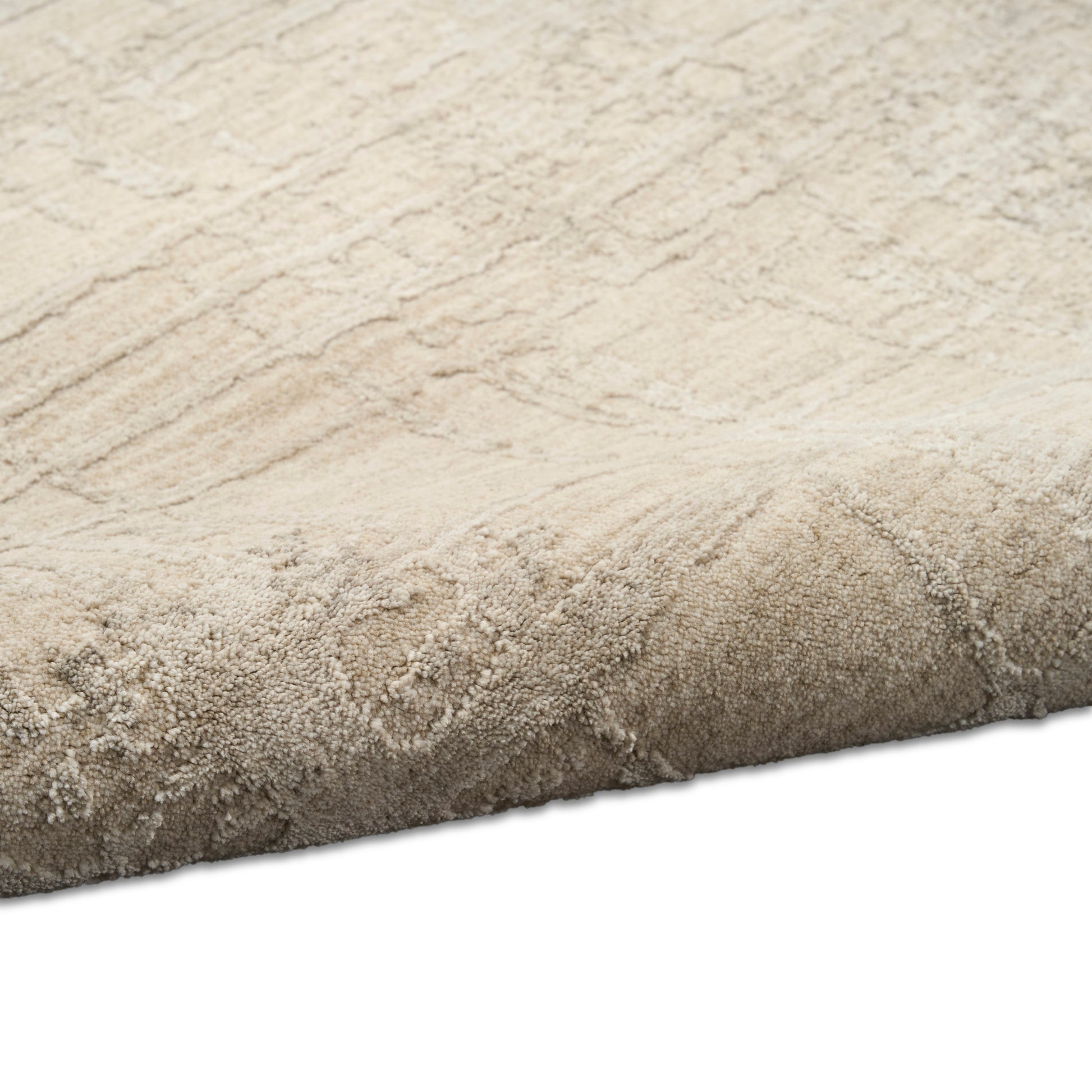 Beige plush area rug with subtle damask pattern and soft pile, rolled edge for a cozy living room look.