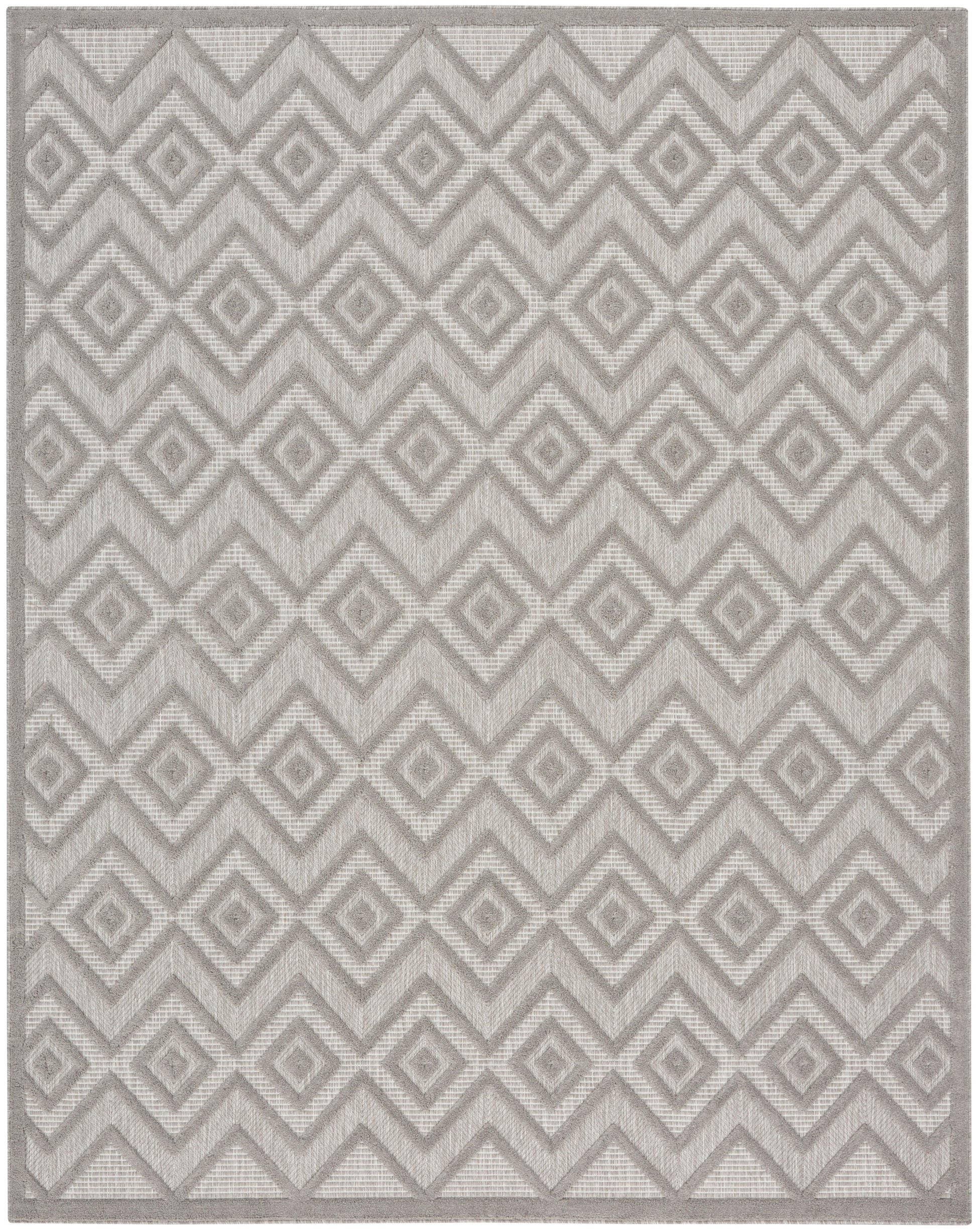 Gray-beige geometric rug with repeating diamond motifs and chevron-border trim, textured flat weave