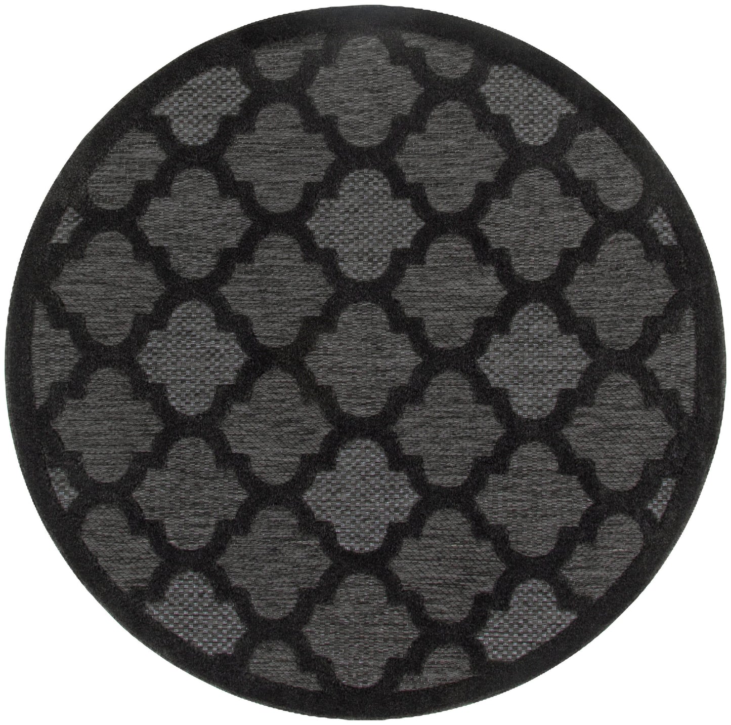 Round black rug, 5 ft diameter, with a repeating quatrefoil lattice pattern and textured surface.