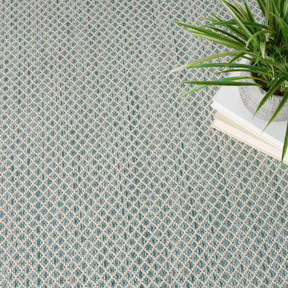 Gray overlay covers most of frame; visible edge shows a blue-cream woven rug and green plants.