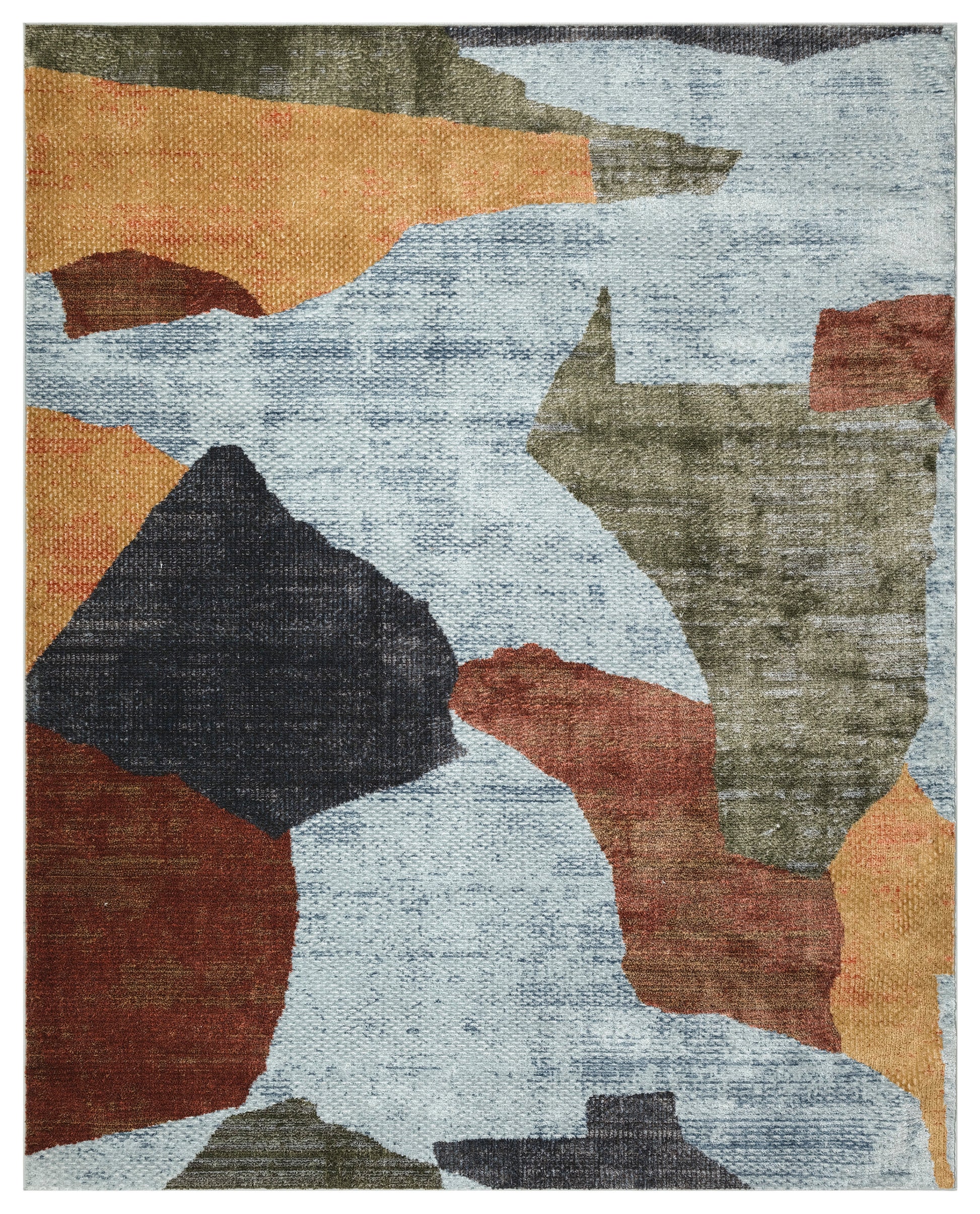 Abstract geometric area rug with overlapping rust, olive, ochre, navy and blue patches; woven texture.